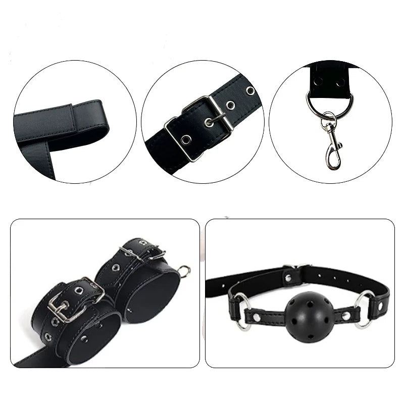 BDSM Metal Anal Hook Mouth Gag PU Leather Collar Neck to Wrist Restraints Kits Bondage Sex Toy Women Adjustable Back Handcuffs