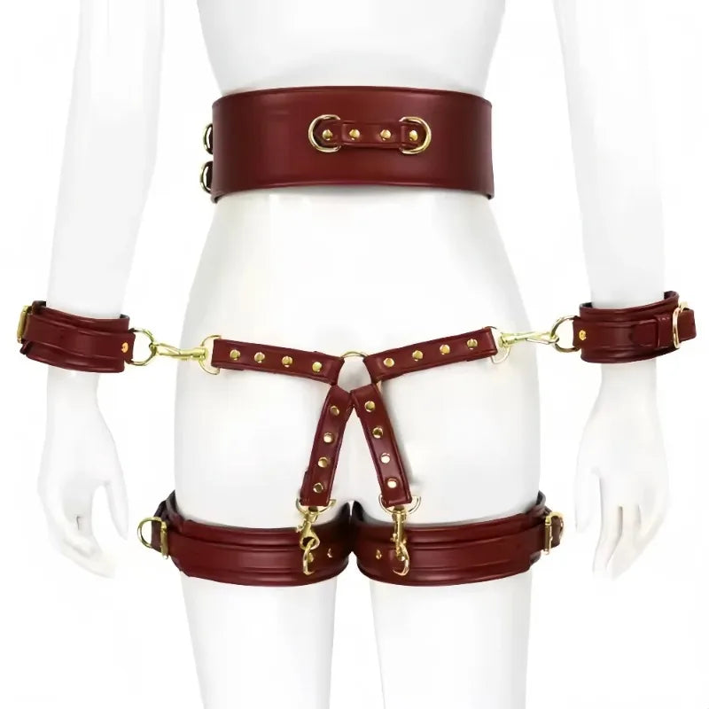 BDSM Bondage Set with Belt Wrist and Thigh Cuffs Cross Buckles Adult Play Bondage Handcuffs and Footcuffs Adjustable SM Games