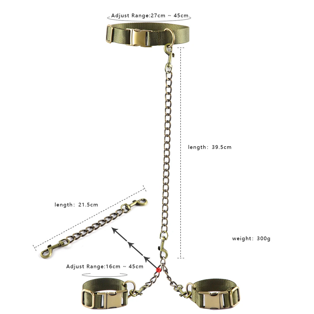 Hard Metal Collar to Wrist Restraints BDSM Harness Bondage Handcuffs Army Green SM Tools For Couples Sex Games Adult Supplies