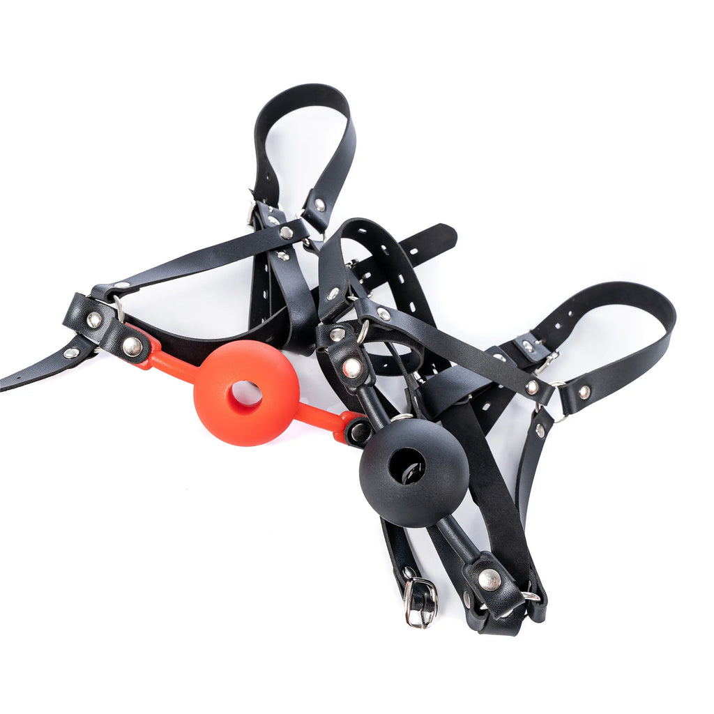 Leather Wetlook BDSM Mask Hood Gimp Open Mouth,Silicone Ball Gag with Hole,Bondage Gear Head Harness,Erotic Sex Toys For Couples