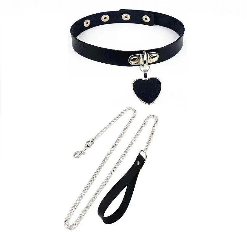Sexy Necklace Collar Leather Bdsm Cosplay Slave Heart Collars And Leash Set For Women Bondage Gothic Choker Bell Accessories