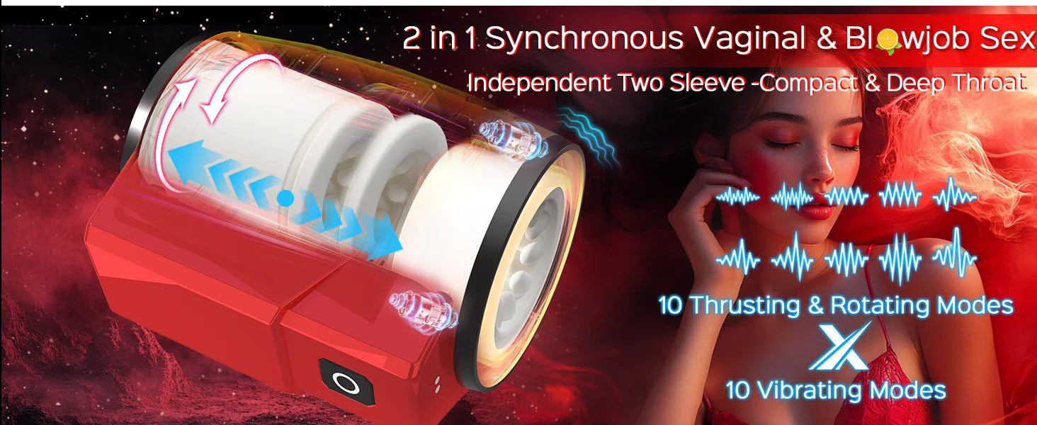 Male Masturbator Adult Sex Toys for Men - Dual-Sleeve Automatic Thrusting Rotating Vibrating Sex Machine Penis Vibrator Stroker