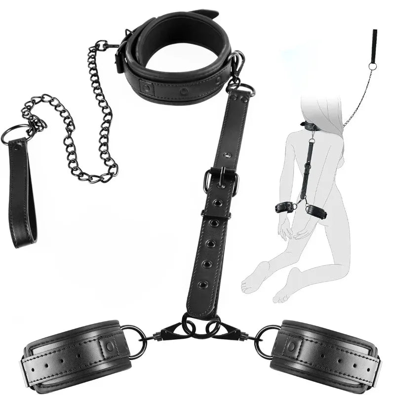 Neck-to-Wrist BDSM Bondage Restraints Kit – Couples Sex Toys with Chain Leash, Handcuffs & Collar for Slave Role Play