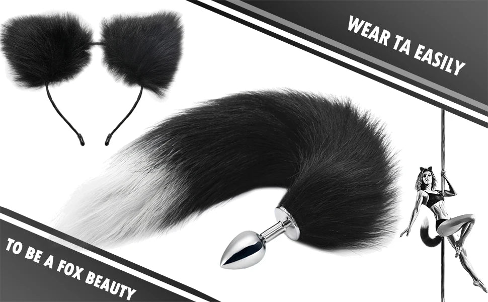 Sex Anal Butt Plug with Faux Fox Tail and Ear-Anal Stopper Tail Adult Sex toys for couples SM Games Cosplay Stainless Steel