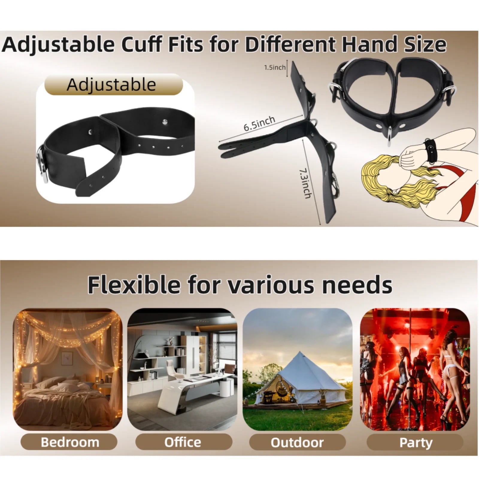 BDSM Bondage Handcuffs Sex Restraints Wrist Cuffs Sex Toys PU Leather Adjustable Adult Fetish SM Games for Couples Women Men