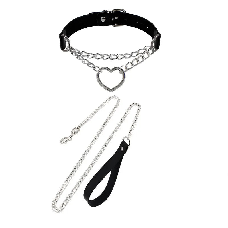 Sexy Necklace Collar Leather Bdsm Cosplay Slave Heart Collars And Leash Set For Women Bondage Gothic Choker Bell Accessories