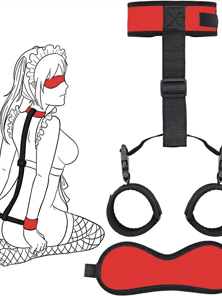 BDSM Neck To Wrist Bondage Restraints Set Bondaged Kit Sex Set Behind Back Handcuffs Collar Blindfold Adjustable Gear Accessorie