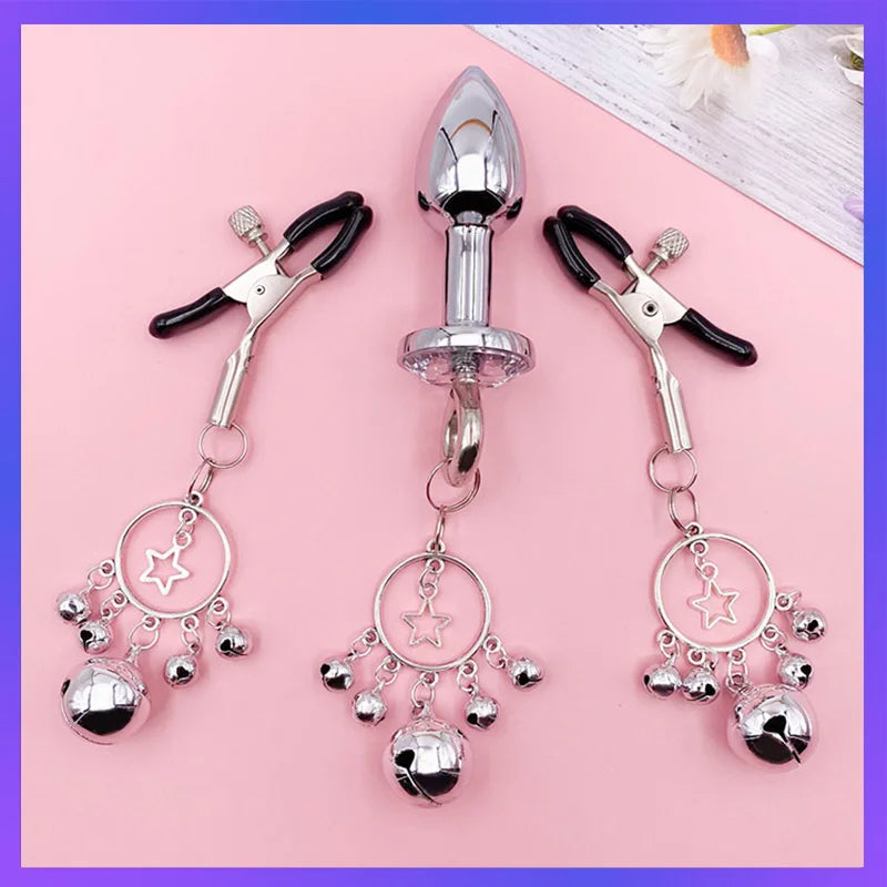 Anal Plug With Bell Ring Sex Nipple Breast Clamps Woman Nipple Clamp Traction Chain Sexy Nipple Clip Adult SM Couple Sex Toys
