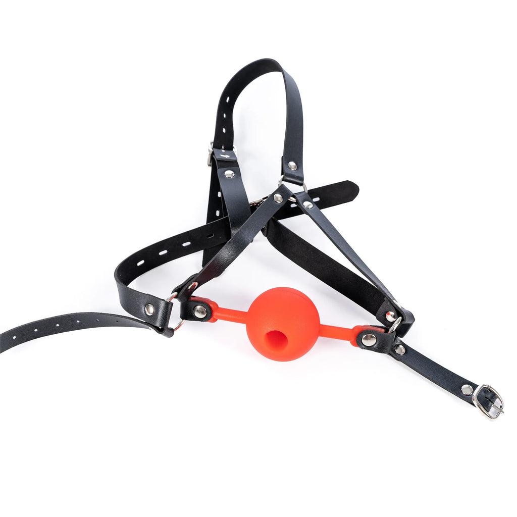 Leather Wetlook BDSM Mask Hood Gimp Open Mouth,Silicone Ball Gag with Hole,Bondage Gear Head Harness,Erotic Sex Toys For Couples
