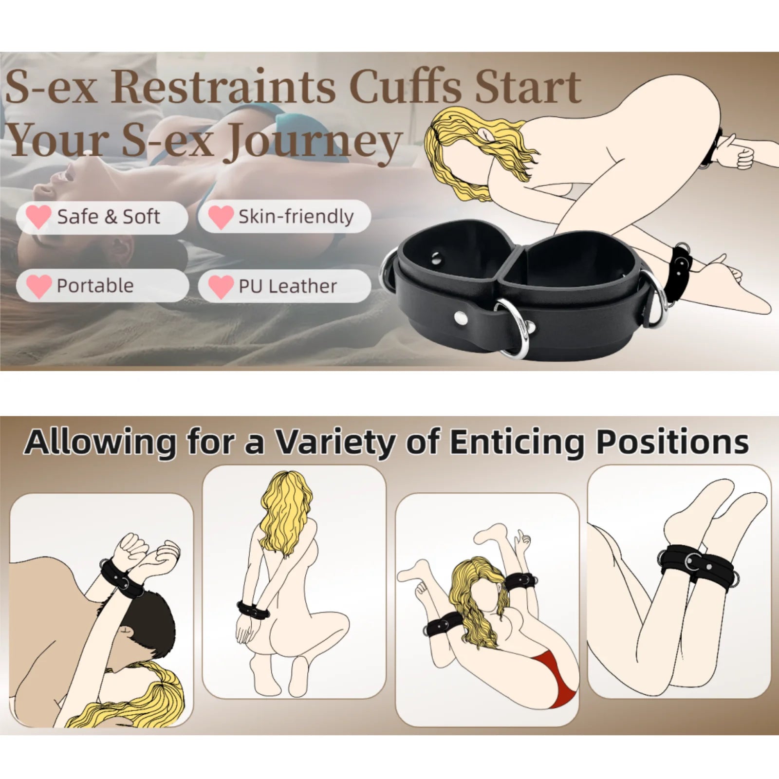 BDSM Bondage Handcuffs Sex Restraints Wrist Cuffs Sex Toys PU Leather Adjustable Adult Fetish SM Games for Couples Women Men