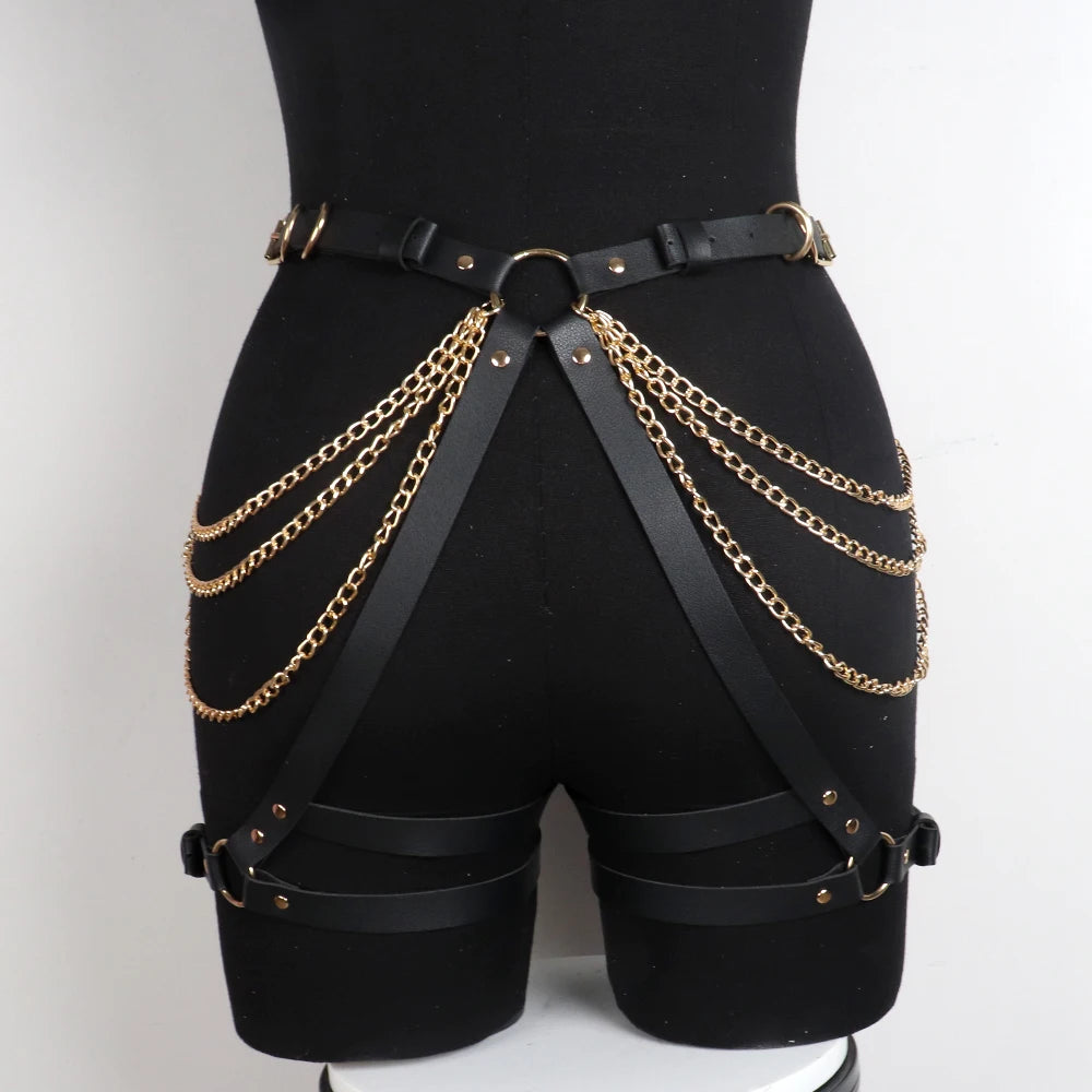 Fashion Luxury Gold Chain Belt Woman Leather Harness Body Bondage Lingerie Leg Strap Suspenders Harajuku Stockings Garters BDSM