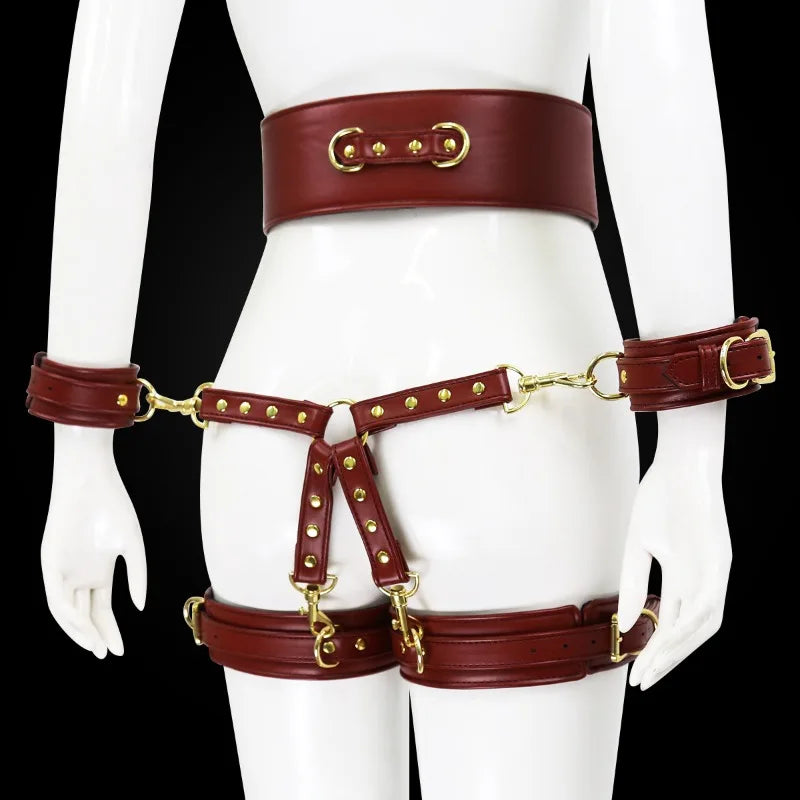 BDSM Bondage Set with Belt Wrist and Thigh Cuffs Cross Buckles Adult Play Bondage Handcuffs and Footcuffs Adjustable SM Games