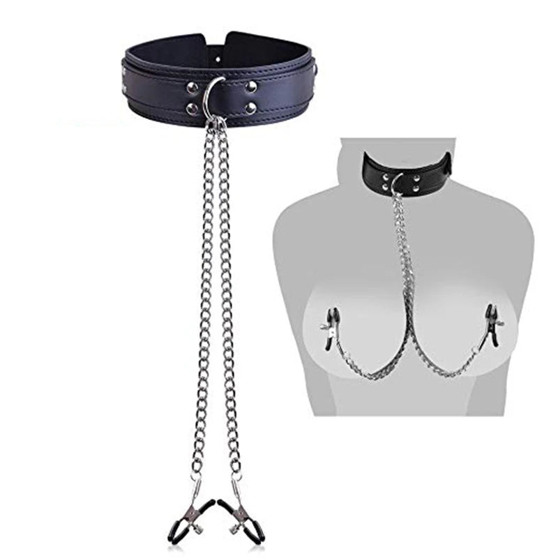 BDSM Fetish Collar Nipple Clamps Leather Necklace Chain Slave Erotic Adult Sex Toys For Women Couples Men Fliting Games Sex Shop