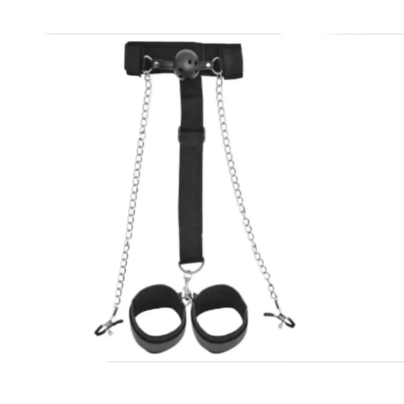 BDSM Sexy Bondage With Handcuffs Ankle Cuffs Adjustable Straps Breast Clip Oral Plug Adult Game Erotic Sex Toy for Women Couples