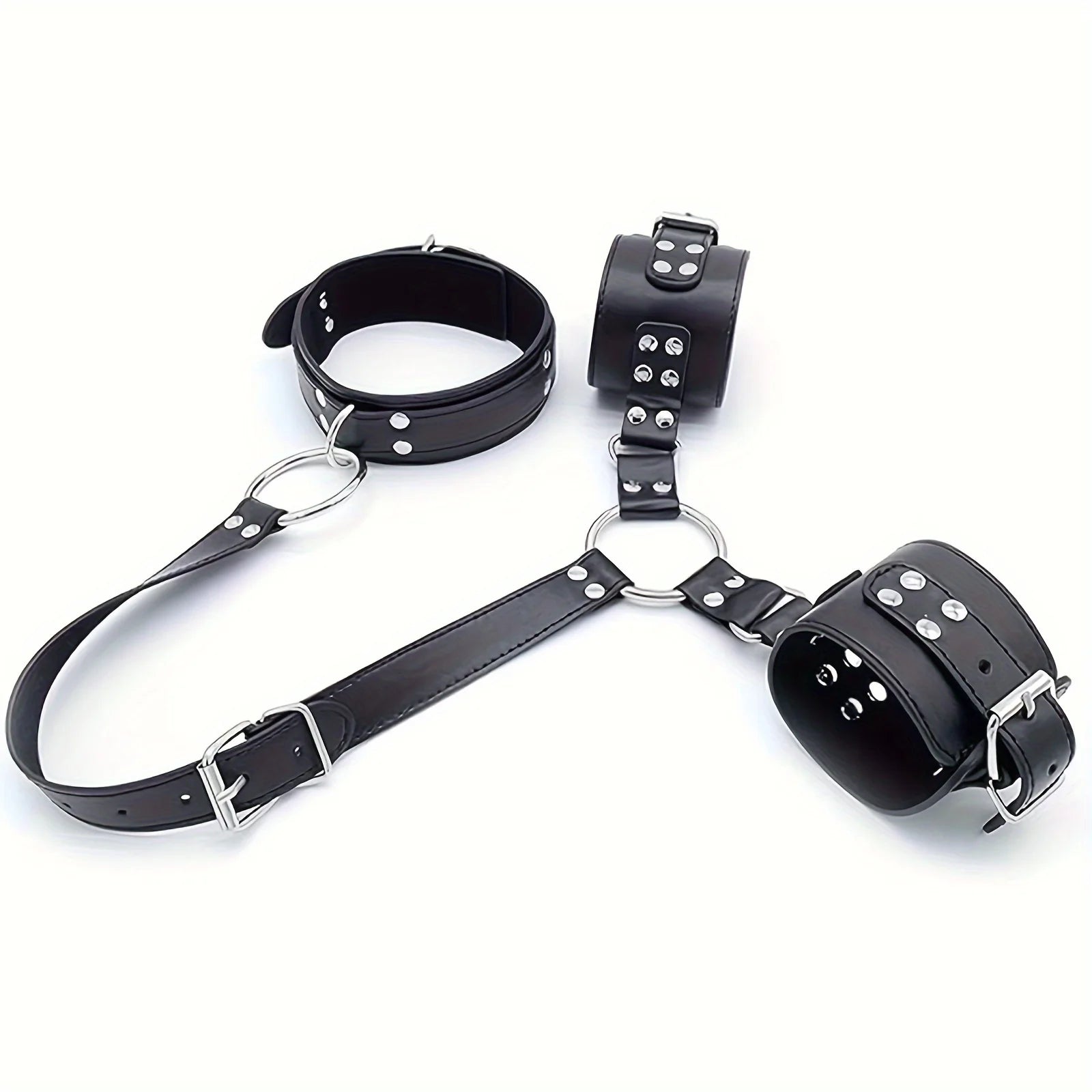 BDSM Bondage Restraints Set Neck to Wrist - Behind Back Handcuffs Collar with Blindfold Adjustable Bondage Gear & Accessories