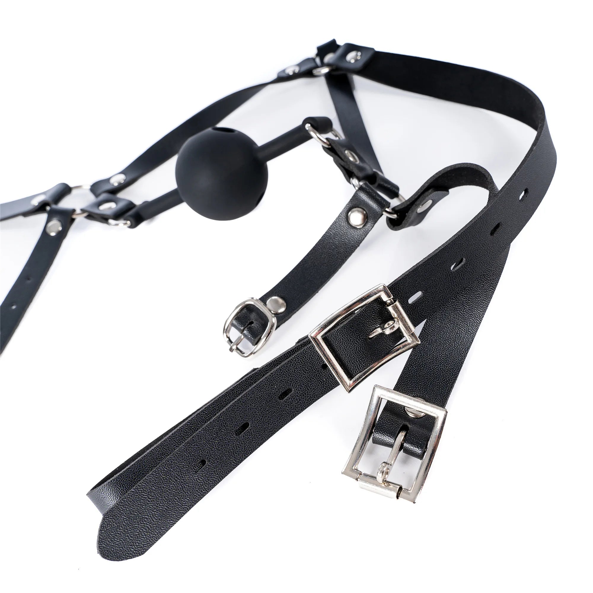 Leather Wetlook BDSM Mask Hood Gimp Open Mouth,Silicone Ball Gag with Hole,Bondage Gear Head Harness,Erotic Sex Toys For Couples