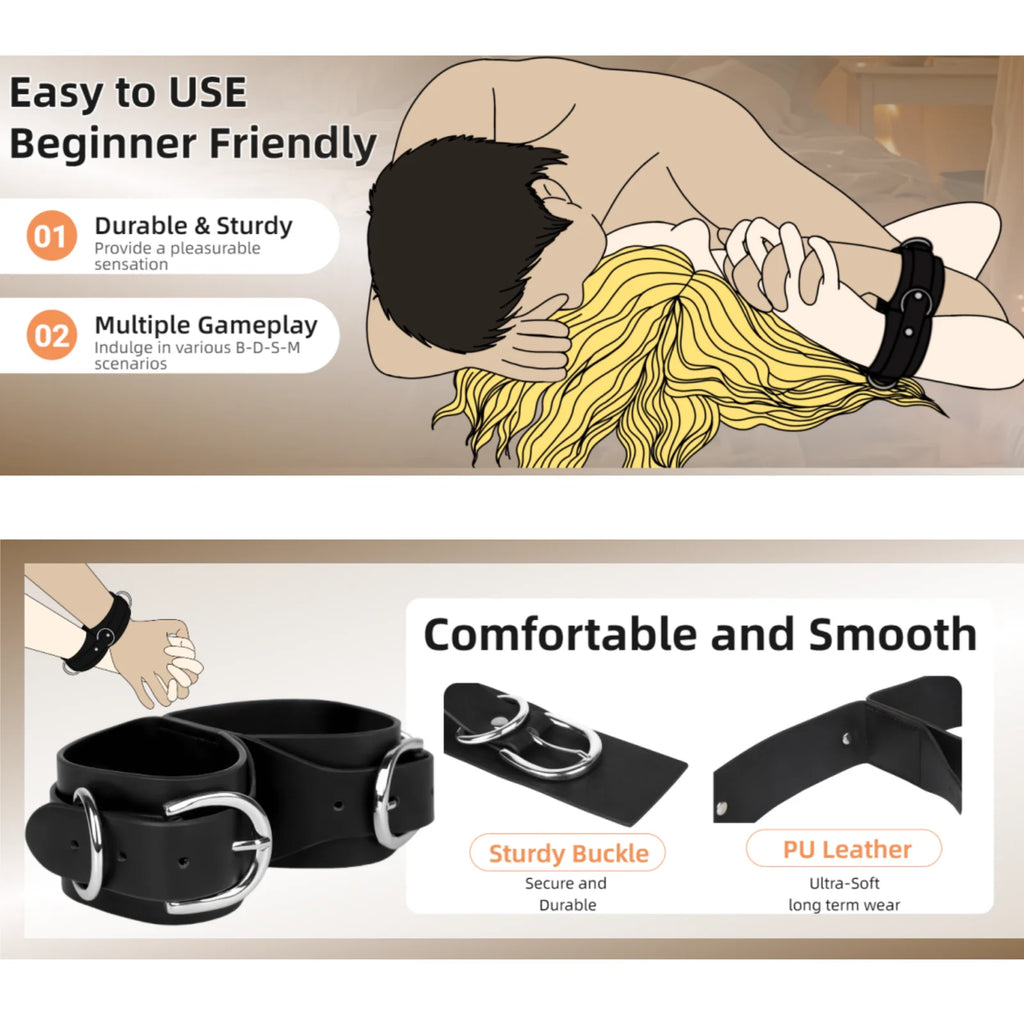 BDSM Bondage Handcuffs Sex Restraints Wrist Cuffs Sex Toys PU Leather Adjustable Adult Fetish SM Games for Couples Women Men