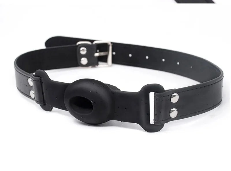 Silicone Ball Gag BDSM Adult Toy, Hollow Design Drooling Gag with Leather Straps, Ring Gag BDSM Bondage Gear for Men Women