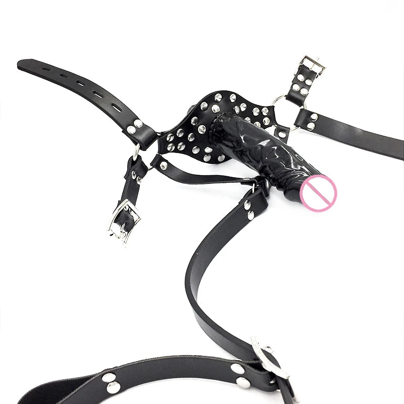 BDSM Harness Double Head Penis Mouth Plug Ball Gags Bit Mouth Slave Fetish Bondage Sex Toys Adult Toys For Men and Women