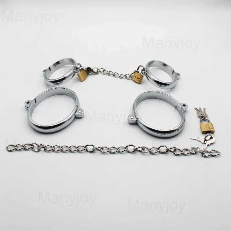 Metal Steel Handcuffs Wrist Ankle Cuffs with Chain and Lock Spreader Bar BDSM Restraints Adult Game Sex Toys for Women Men