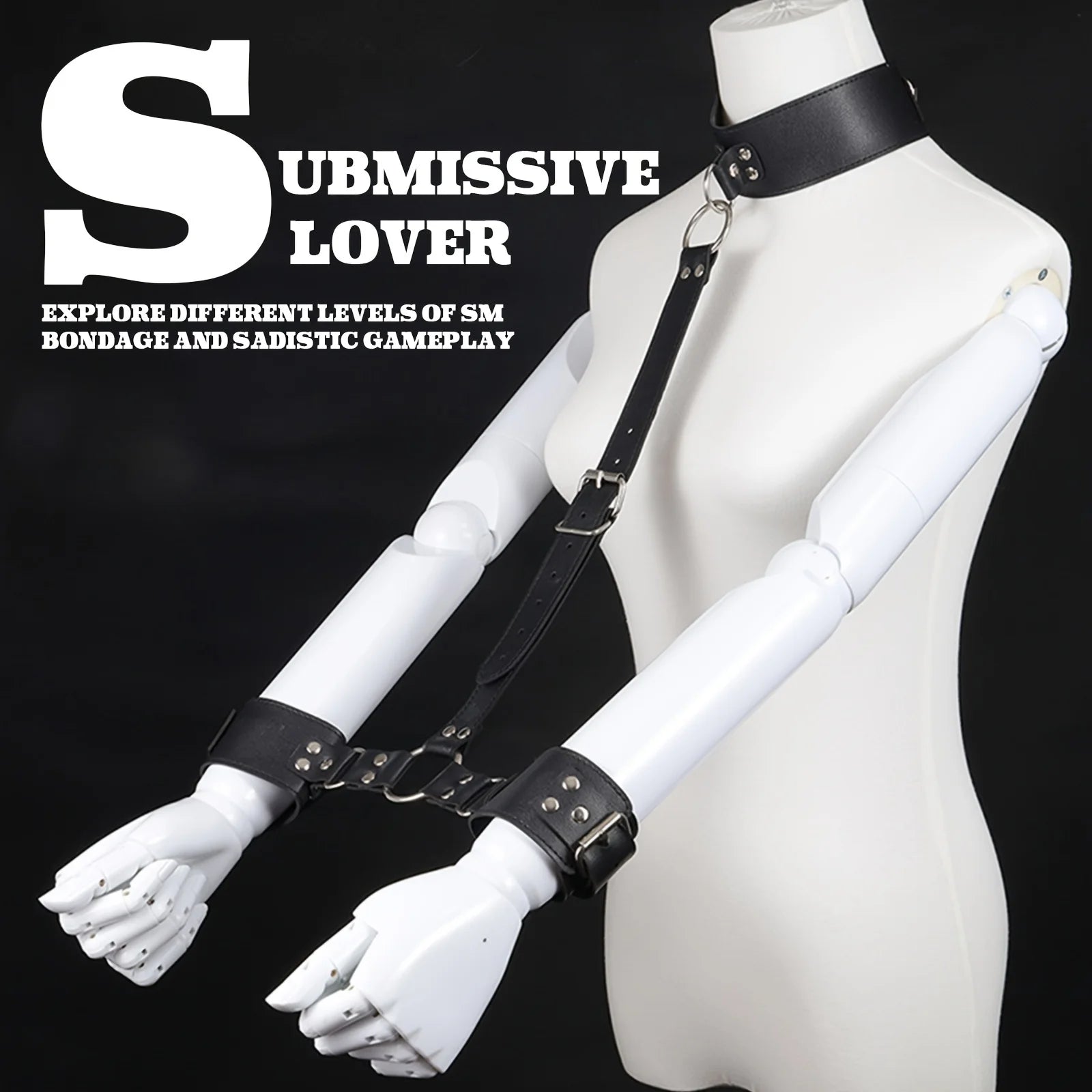 BDSM Bondage Restraints Set Neck to Wrist - Behind Back Handcuffs Collar with Blindfold Adjustable Bondage Gear & Accessories