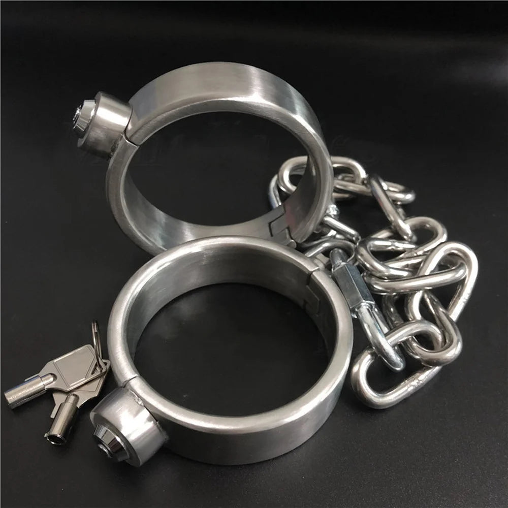 Stainless Steel Bondage Handcuffs Shackles Neck Collar Restraint Wrist Lock BDSM with Chain Set Adult Game Sex Toys for Couple