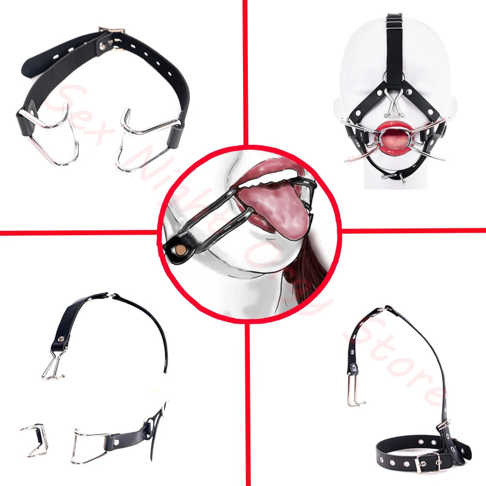 Bdsm Slave Metal Nose Hook,Oral Fixation Fetish Open Mouth Bite Gag with Nose Clip,SM Leather Head Bondage Harness Strap Sex Toy