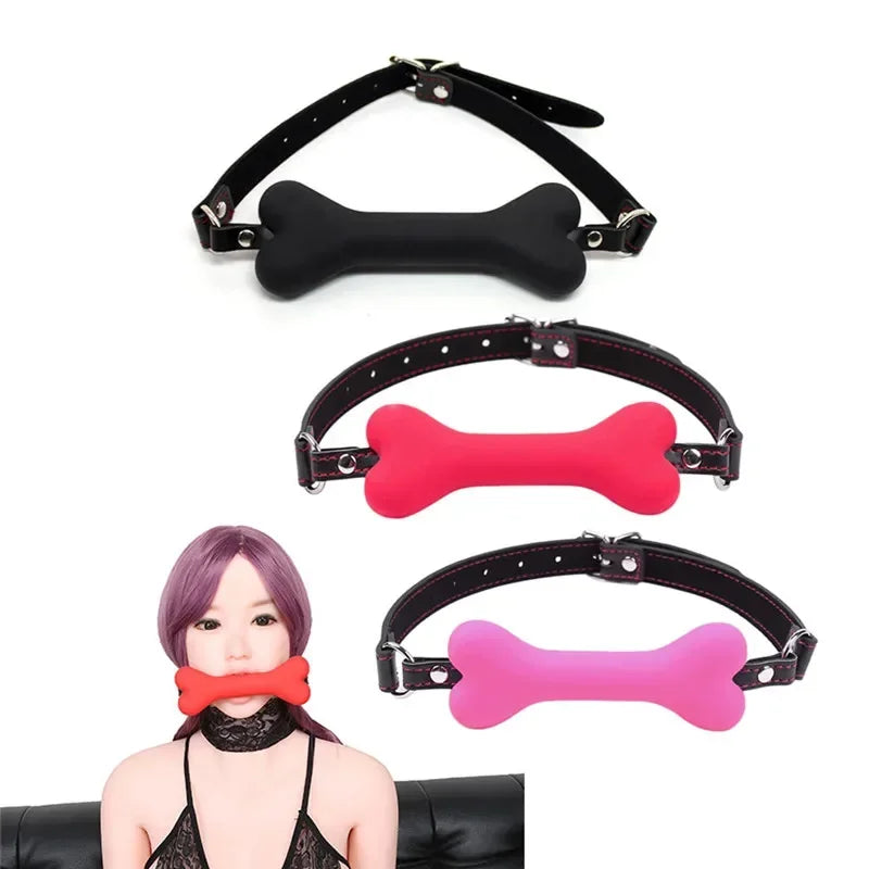 Cute Solid Leather Harness Mouth Silicone Dog Bone Ball Gag BDSM mouthPlug Couples Flirting Sex Products Erotic toys Adult Games
