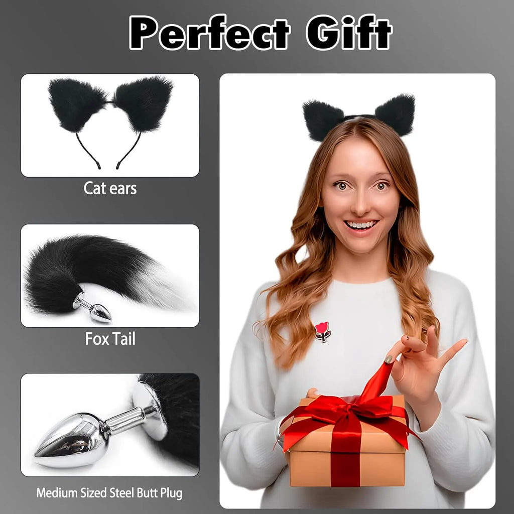 Sex Anal Butt Plug with Faux Fox Tail and Ear-Anal Stopper Tail Adult Sex toys for couples SM Games Cosplay Stainless Steel