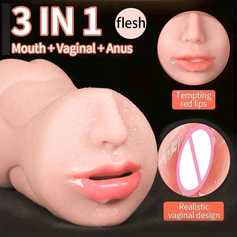 3 in 1 Male Masturbator Pocket Pussy 3D Textured Male Sex Toys with Sexy Mouth Realistic Vaginal and Tight Anus Sex Doll Stroker