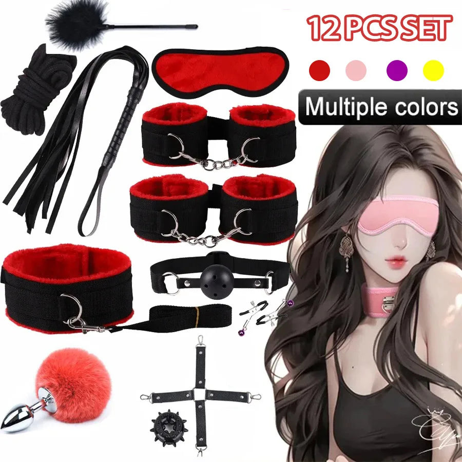 BDSM Kits Adults Sex Toys For Women Men Handcuffs Nipple Clamps Whip Spanking Sex Metal Anal Butt Bdsm Bondage Set