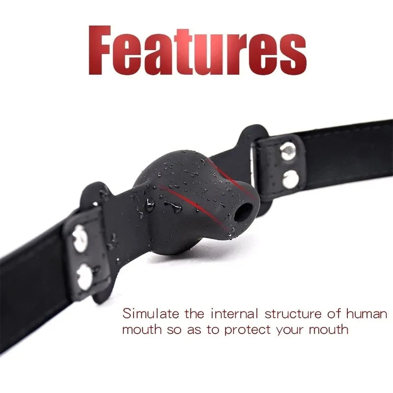 Silicone Ball Gag BDSM Adult Toy, Hollow Design Drooling Gag with Leather Straps, Ring Gag BDSM Bondage Gear for Men Women