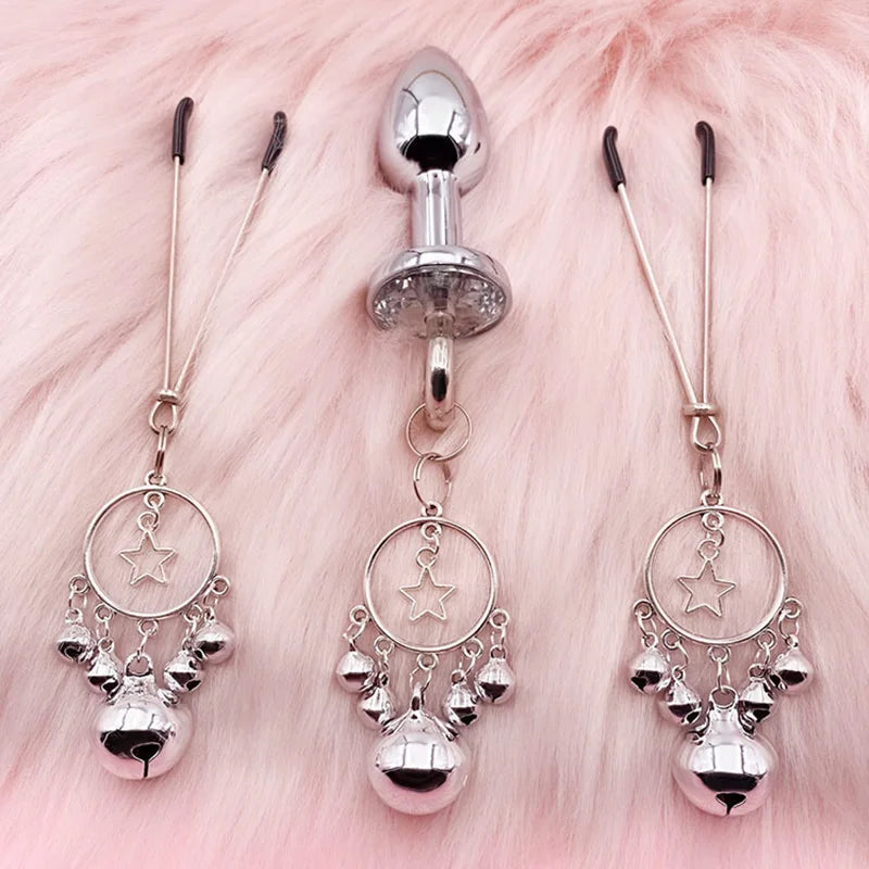 Anal Plug With Bell Ring Sex Nipple Breast Clamps Woman Nipple Clamp Traction Chain Sexy Nipple Clip Adult SM Couple Sex Toys