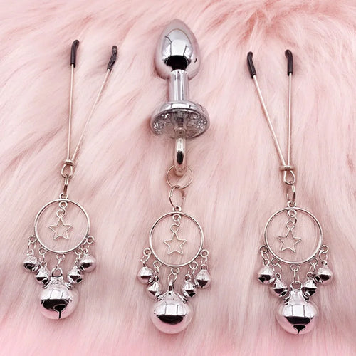 Anal Plug With Bell Ring Sex Nipple Breast Clamps Woman Nipple Clamp Traction Chain Sexy Nipple Clip Adult SM Couple Sex Toys