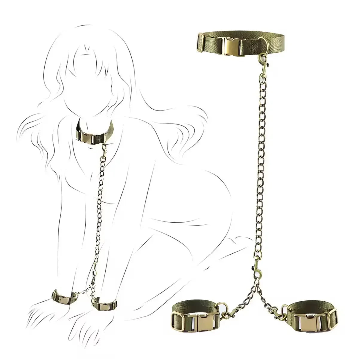 Hard Metal Collar to Wrist Restraints BDSM Harness Bondage Handcuffs Army Green SM Tools For Couples Sex Games Adult Supplies