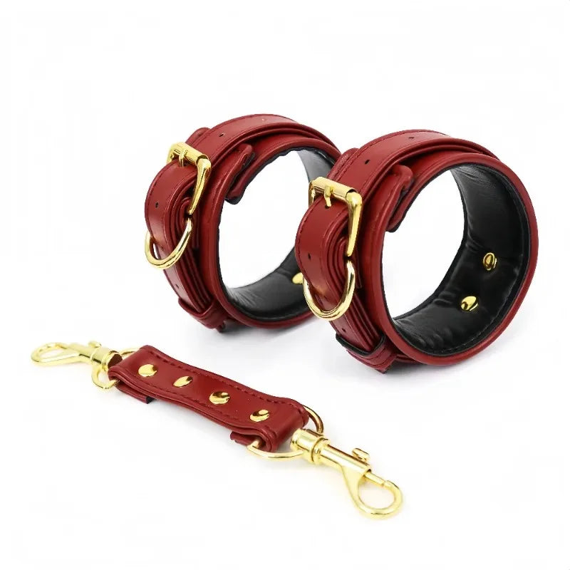 BDSM Bondage Set with Belt Wrist and Thigh Cuffs Cross Buckles Adult Play Bondage Handcuffs and Footcuffs Adjustable SM Games