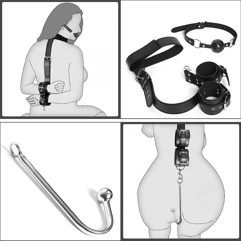 BDSM Metal Anal Hook Mouth Gag PU Leather Collar Neck to Wrist Restraints Kits Bondage Sex Toy Women Adjustable Back Handcuffs