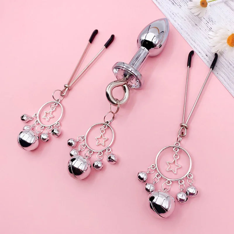 Anal Plug With Bell Ring Sex Nipple Breast Clamps Woman Nipple Clamp Traction Chain Sexy Nipple Clip Adult SM Couple Sex Toys