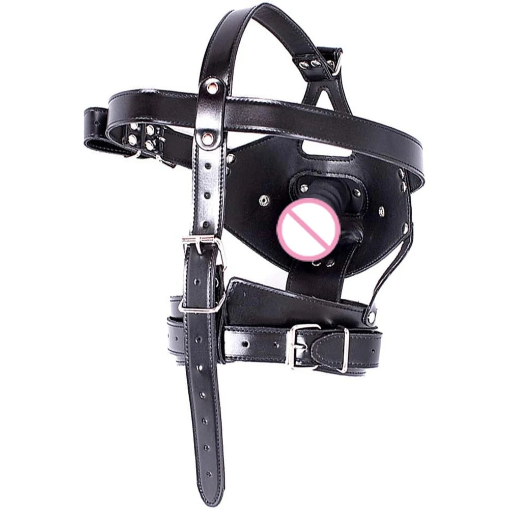 Leather Bondage Pussy with Detachable Silicone Dildo Mouth Gag Adjustable Head Harness BDSM Fetish Dog Slave Female Restraints