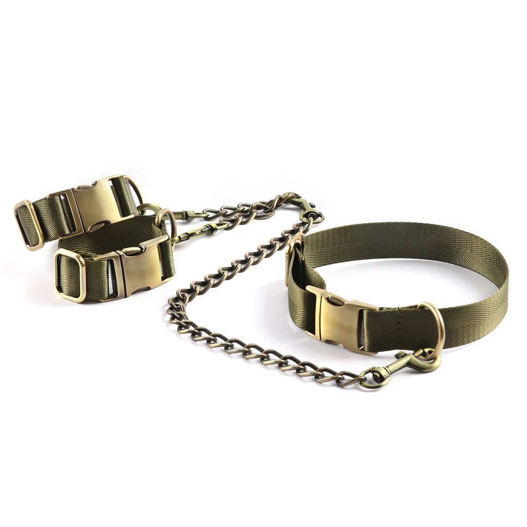 Hard Metal Collar to Wrist Restraints BDSM Harness Bondage Handcuffs Army Green SM Tools For Couples Sex Games Adult Supplies