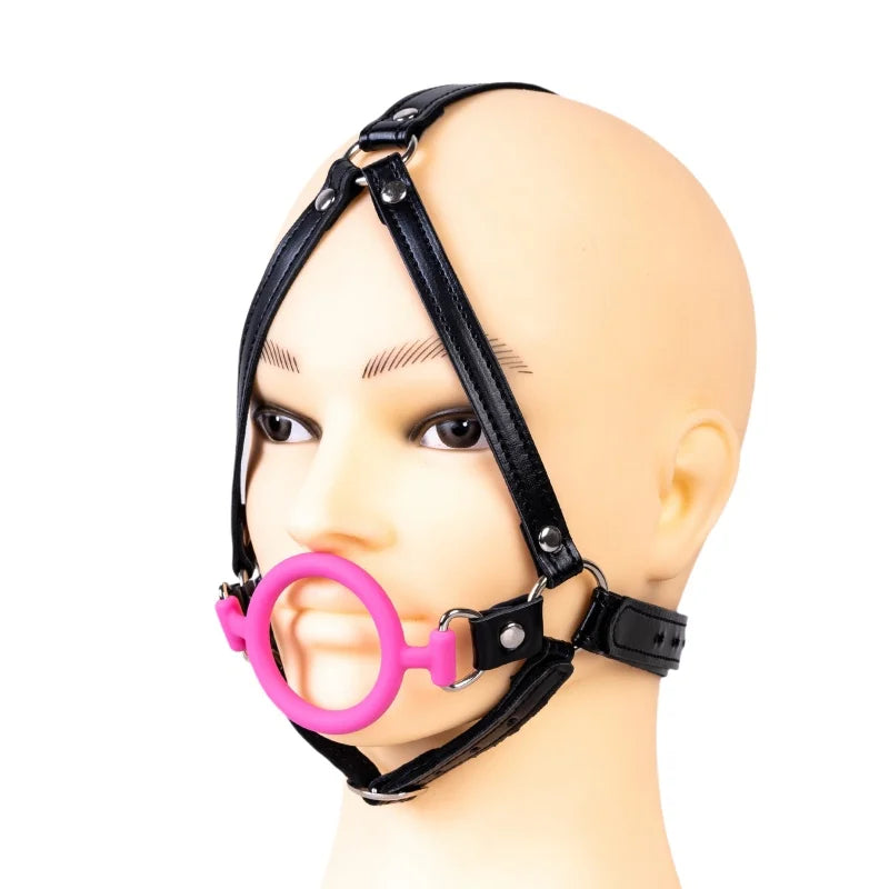 Adjustable Silicone Open Mouth Penis Ring Leather Harness Mask Gags for Couple Delay Ejaculation Lasting Cock Sex Toys