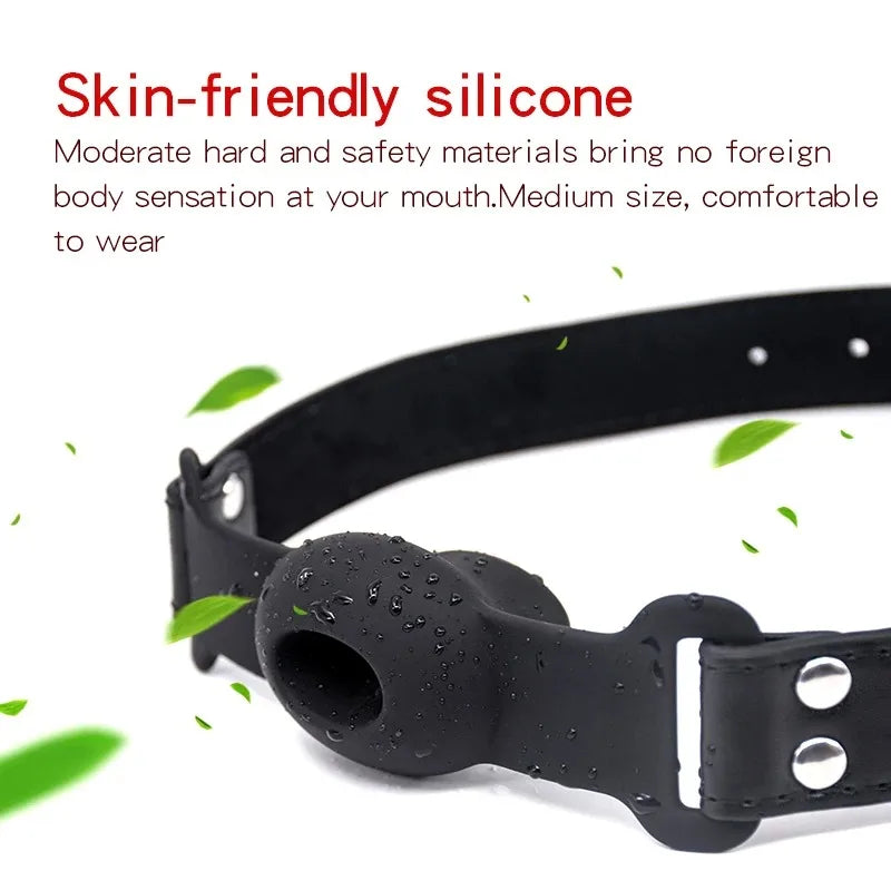 Silicone Ball Gag BDSM Adult Toy, Hollow Design Drooling Gag with Leather Straps, Ring Gag BDSM Bondage Gear for Men Women