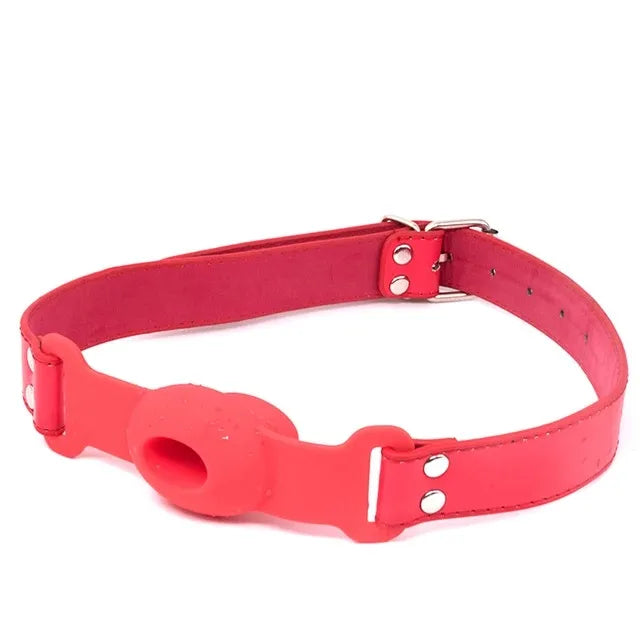 Silicone Ball Gag BDSM Adult Toy, Hollow Design Drooling Gag with Leather Straps, Ring Gag BDSM Bondage Gear for Men Women